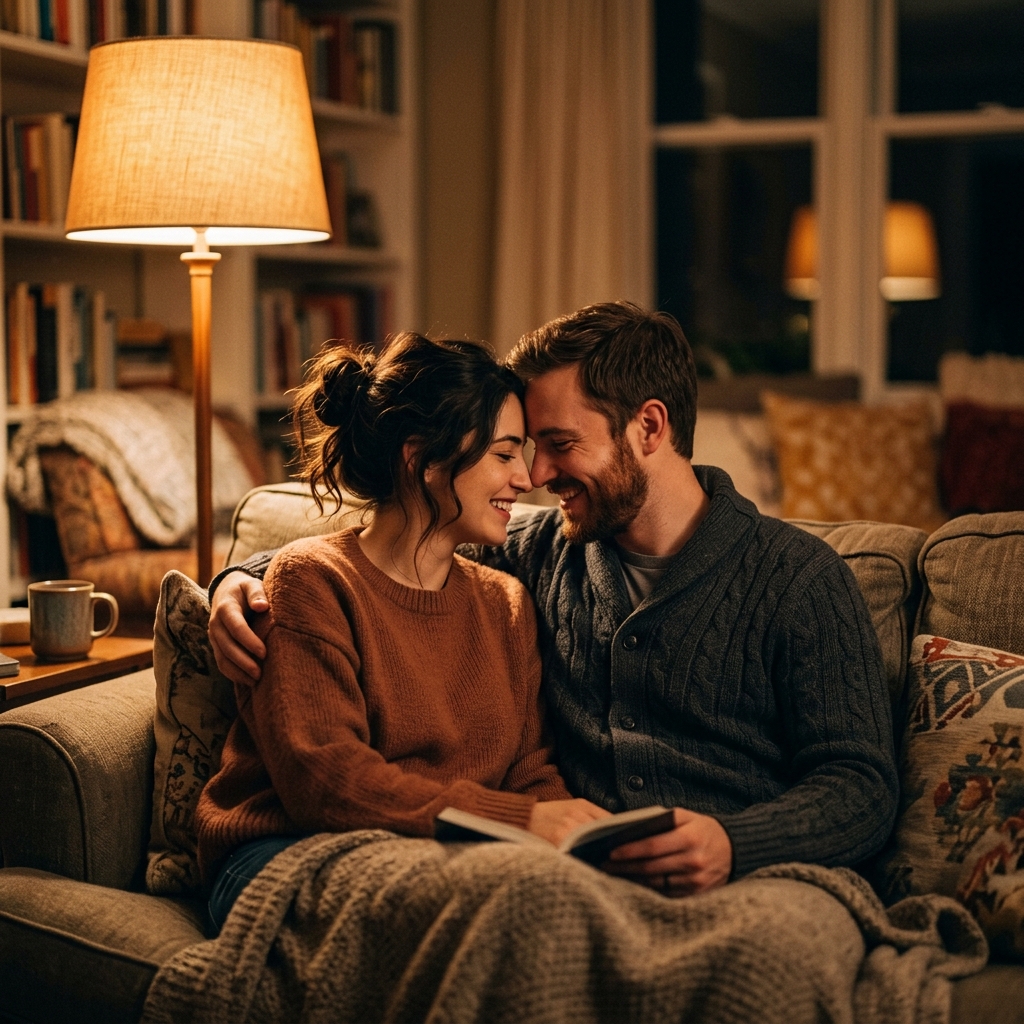 A couple sitting close together on a couch, heads nearly touching, warm lamp light