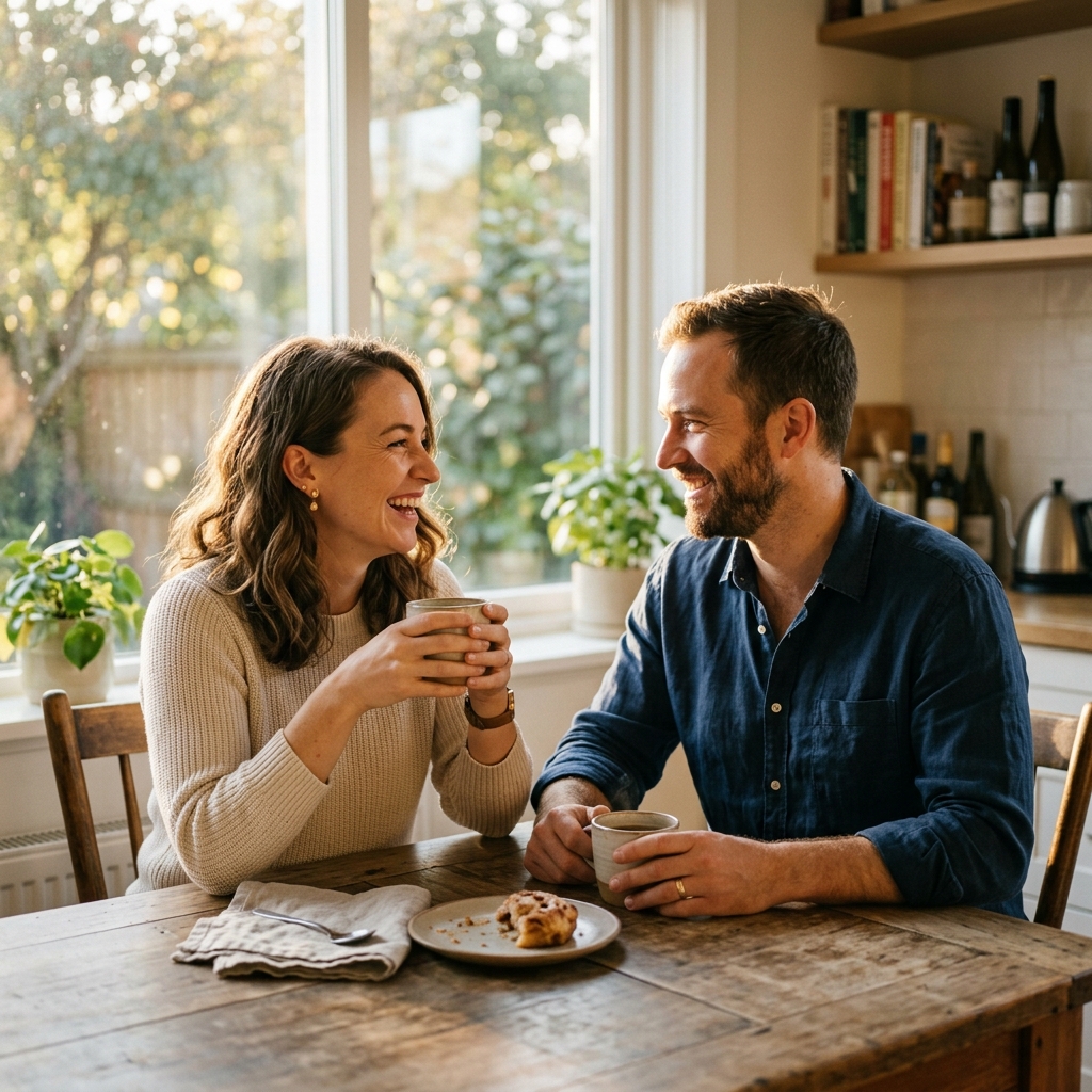 A couple smiling warmly at each other over coffee at a sunny kitchen table