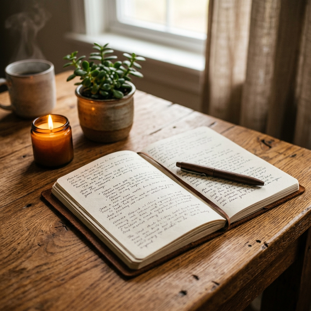 An open journal with handwritten notes and a pen beside a candle and small plant on a wooden desk