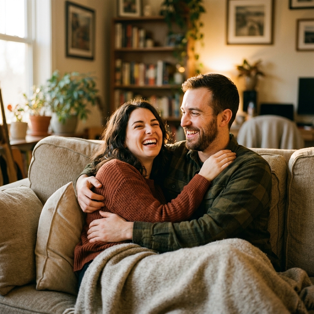 A couple laughing together on a couch in warm golden-hour light