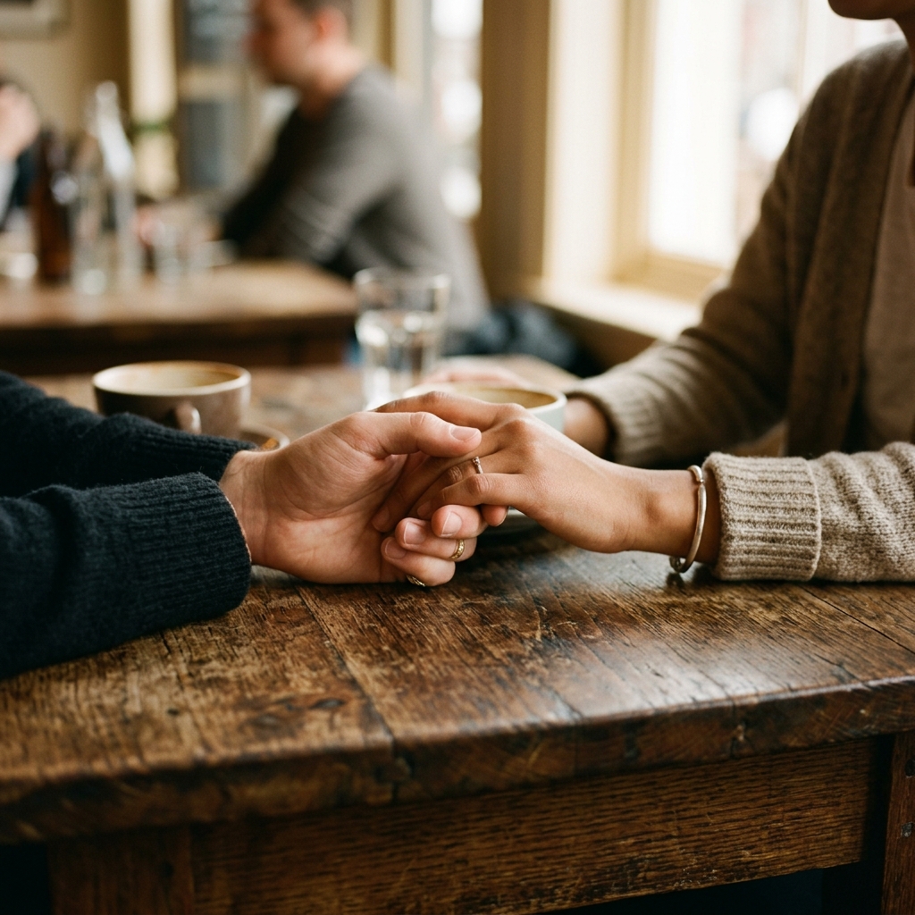 Two people holding hands tenderly across a wooden table