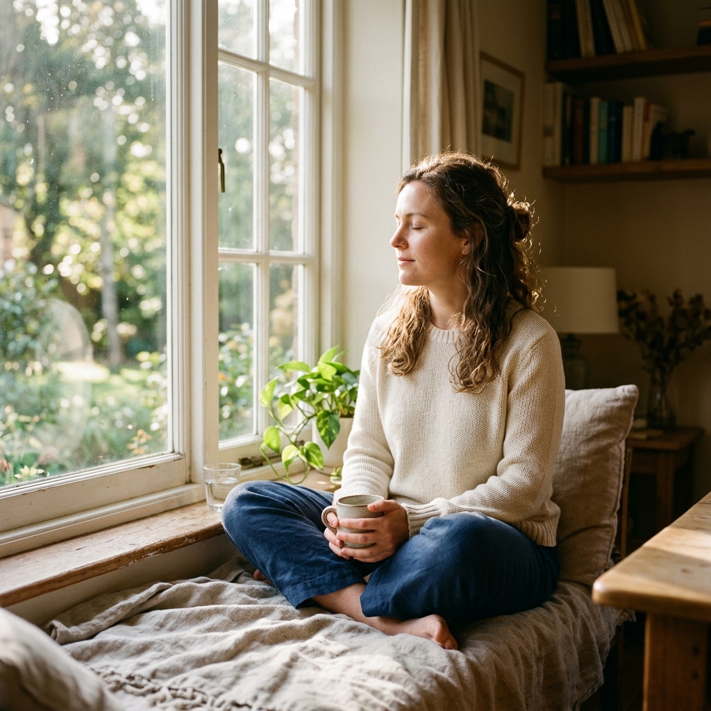 A person sitting peacefully by a window in morning light, eyes closed in quiet reflection
