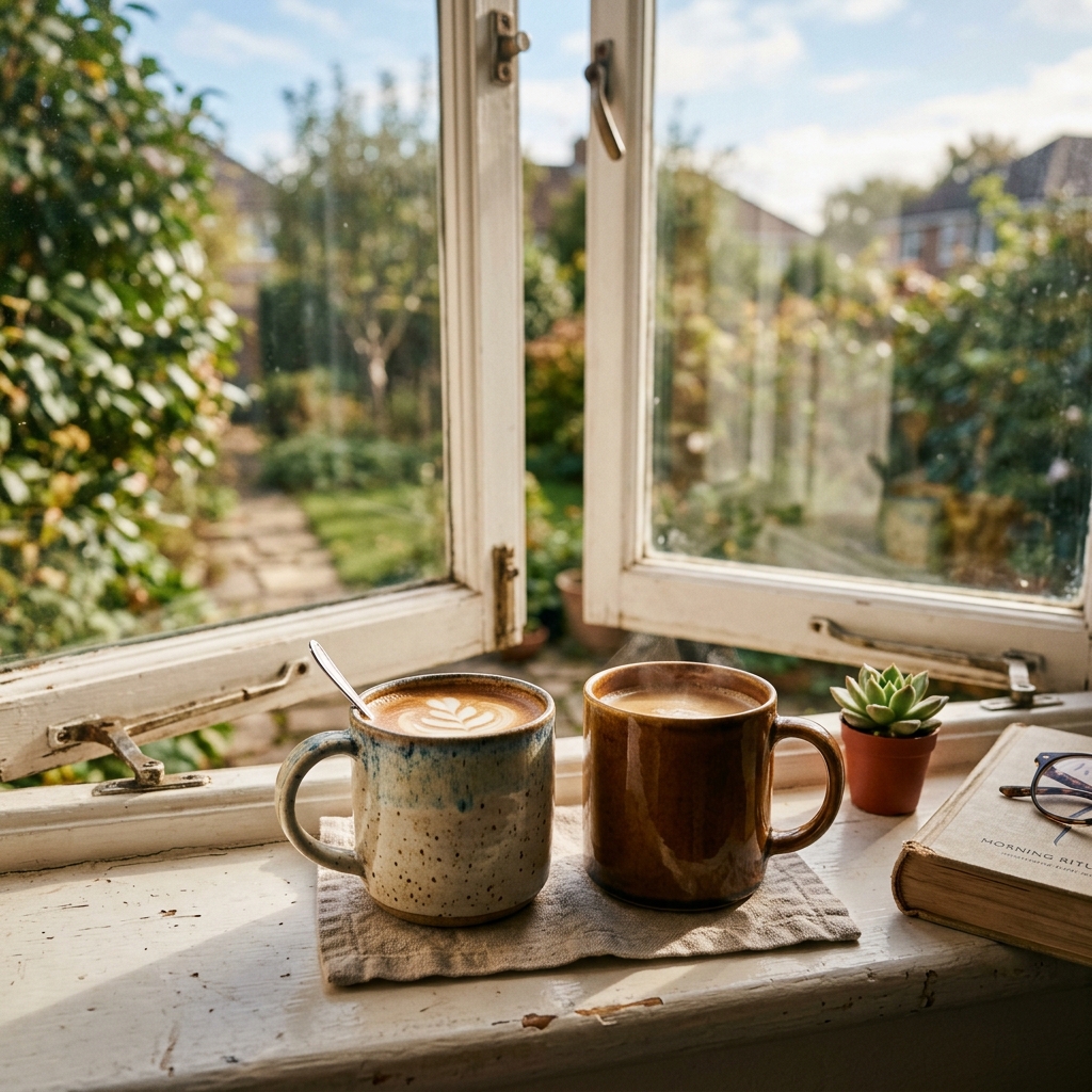 Two ceramic mugs of coffee side by side on a sunny windowsill