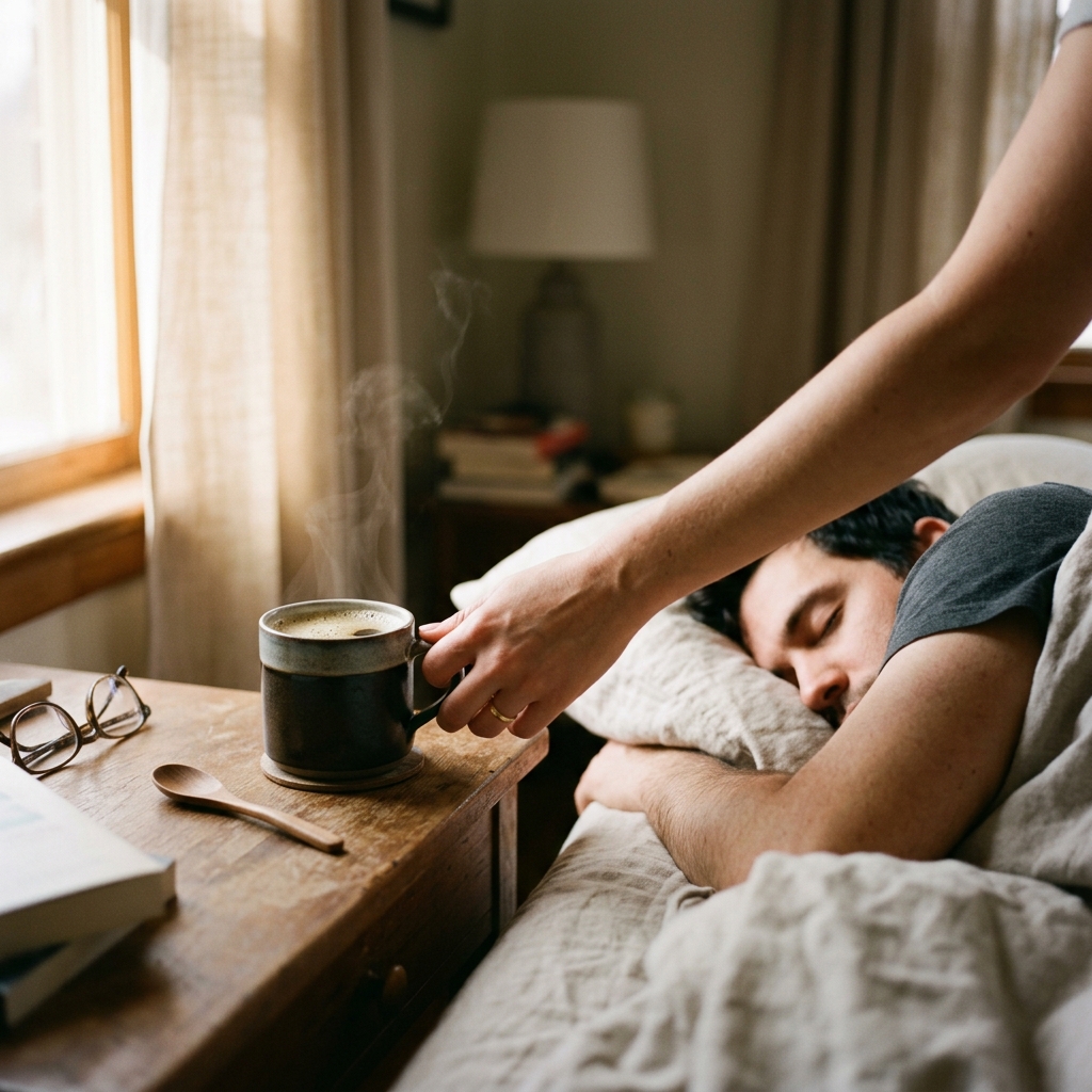 A hand gently placing a cup of coffee on a bedside table beside a sleeping partner