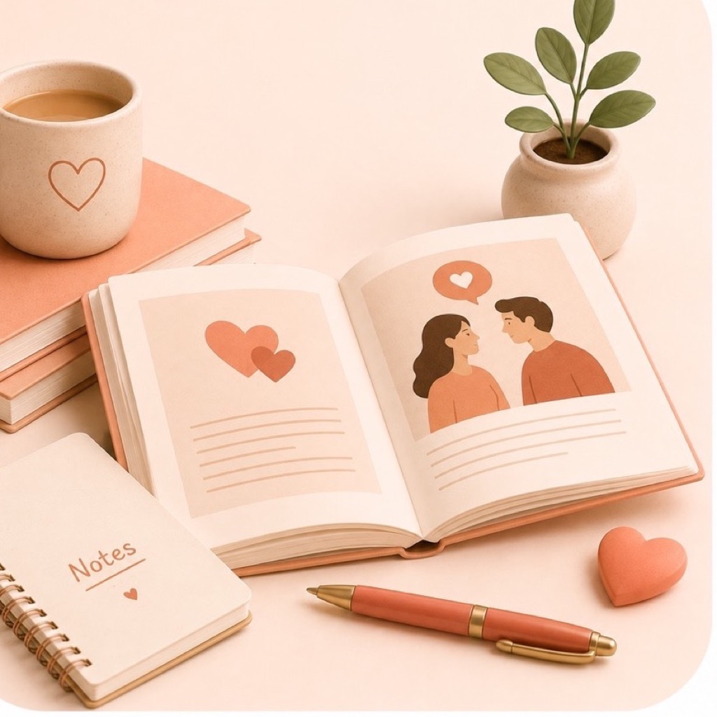Open relationship book with couple illustration